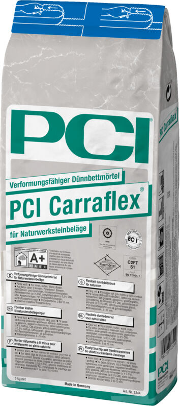 PCI Carraflex, verformungsfähiger Dünnbettmörtel für Naturwerksteinbeläge, weiß, 5 kg