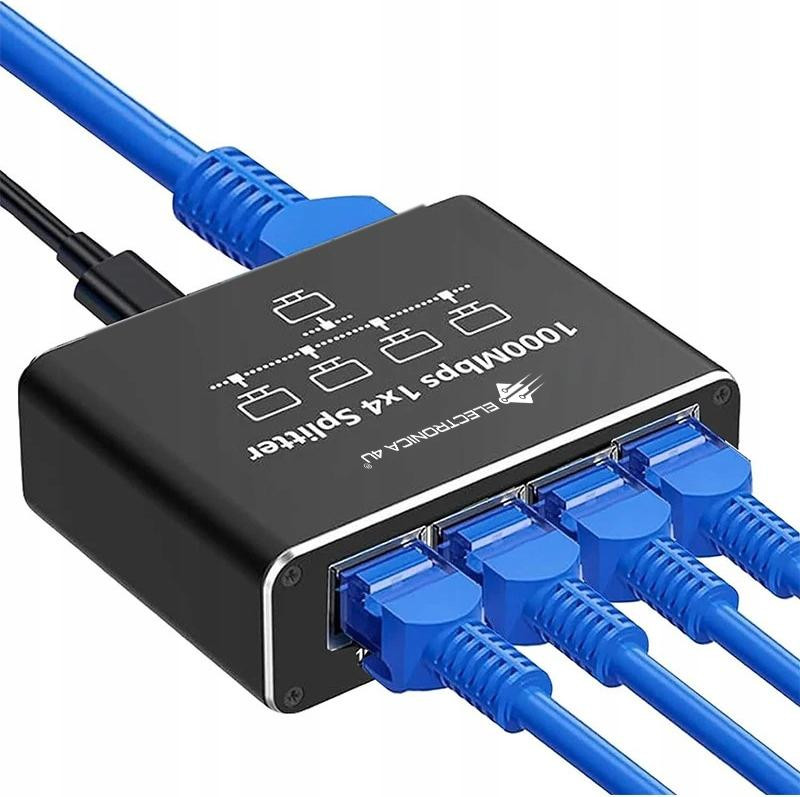 ELECTRONICA 4U Mini Ethernet Switch Adapter/Splitter met 4x RJ45 poorten, 1000M, 1GB