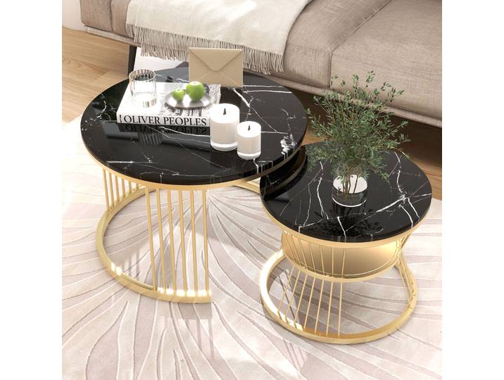 Rosahqnda Modernes Satztisch-Set, 2er-Set Couchtische mit Marmorfurnier, runde Beistelltische, goldfarbenes Gestell Couchtisch