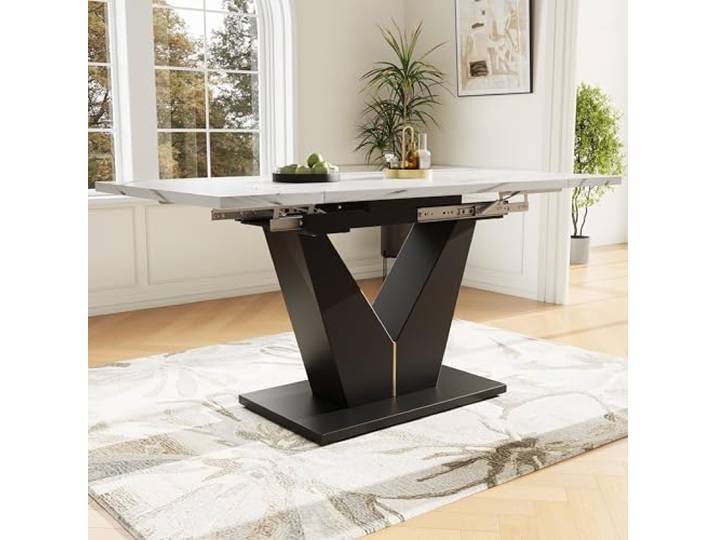 Ropilly Ausziehbarer Esstisch 99–159 cm, MDF, Marmoroptik, V-Beine Ausziehbare Tischplatte mit Metallauszügen, breite Arbeitsfläche und 60 kg Traglast für Küche, Homeoffice und Wohnzimmer
