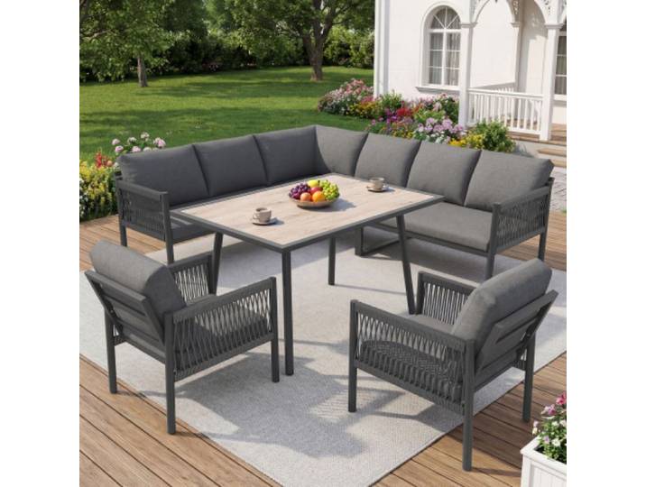 Mobilier de jardin extérieur groupe d'assise lounge L-shaped pour 7-8 personnes canapé extérieur avec table à plateau en verre aspe