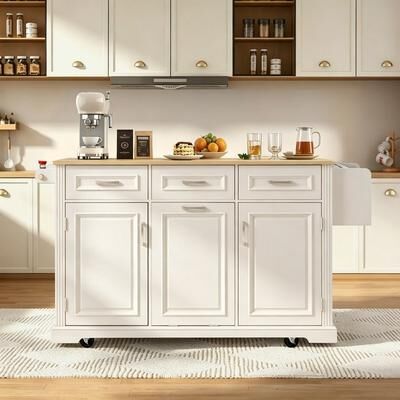 "64.6"" Rolling Kitchen Island with Trash Can Storage, Large Kitchen Cart on 4 Wheels with Drop Leaf & Power Outlet"