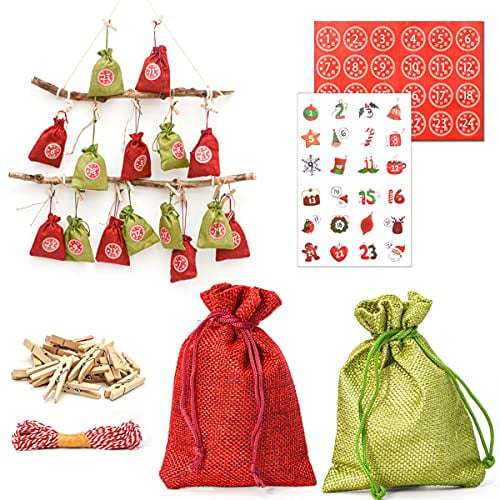 DuneDesign Adventskalender om zelf te vullen - DIY kerstkalender met 24 stoffen zakjes, slingers en stickerset