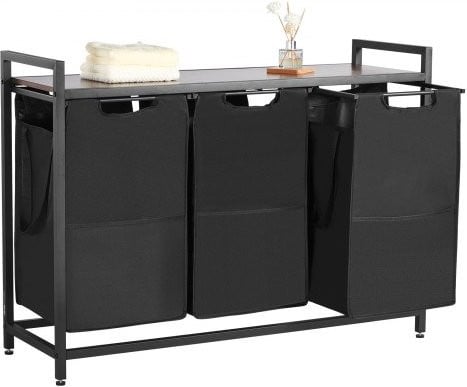 VEVOR Wasmand met houten tafelblad en 3 uitschuifbare zakken, wassorteerder met metalen frame, Zwart