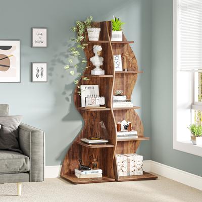 YUZHOU Modern Wood Corner Shelf, 5-Tier Bookshelf Bookcase for Living Room
