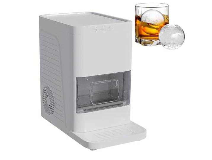 NYANS Kugelförmiger Eiswürfelbereiter für 5 cm Große, Klare Eiskugeln, Tischgerät, Produziert 2 Kugeln In 50 Minuten, 42 Stück/Tag, 1,2L Wassertank, Speicherkapazität für 8–10 Kugeln White