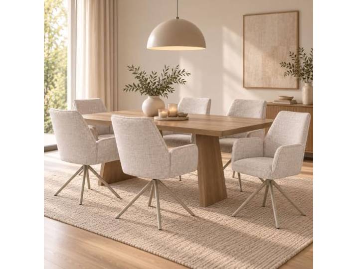 Mendler 6er-Set Esszimmerstuhl HWC-G67 - Gestell creme, creme Küchenstuhl, Auto-Position, drehbar, Metall, Chenille (410g/m²)