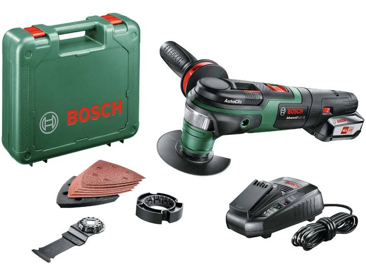 Akku-Multifunktionswerkzeug BOSCH HOME & GARDEN AdvancedMulti 18 , schwarz (grün, rot, schwarz), B:15,9cm H:8,1cm L:34,1cm, Multifunktionswerkzeug-Maschinen, Akku-Multifunktionswerkzeug, mit Zubehörset, Akku 18V/2,5 Ah und Ladegerät im Koffer