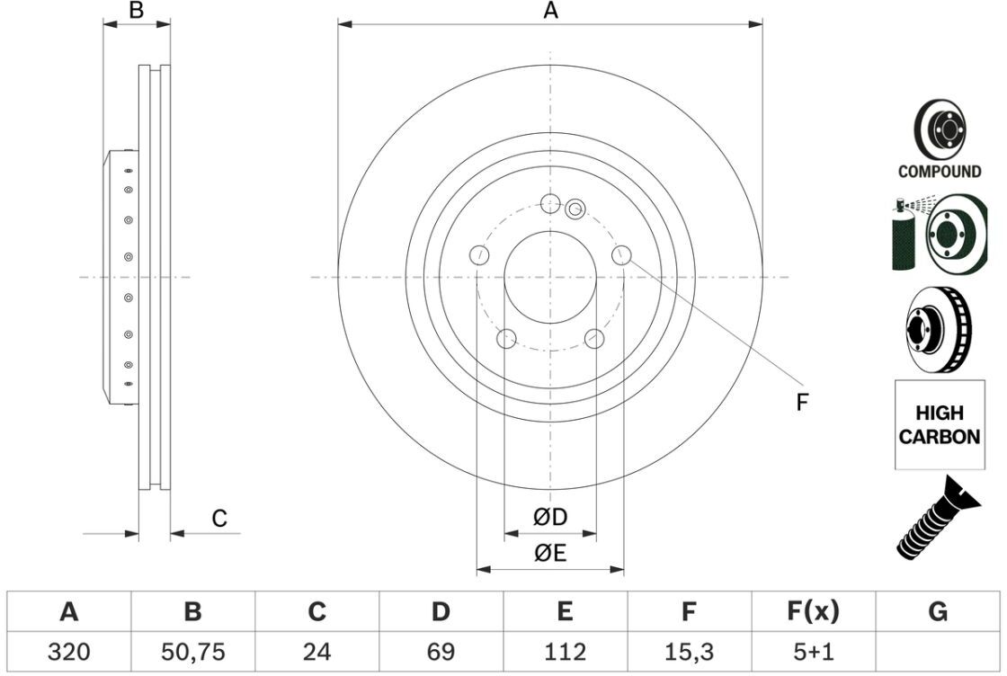 Bremsscheibe BOSCH 0 986 479 G36 hinten, belüftet, hochkarbonisiert, 1 Stück