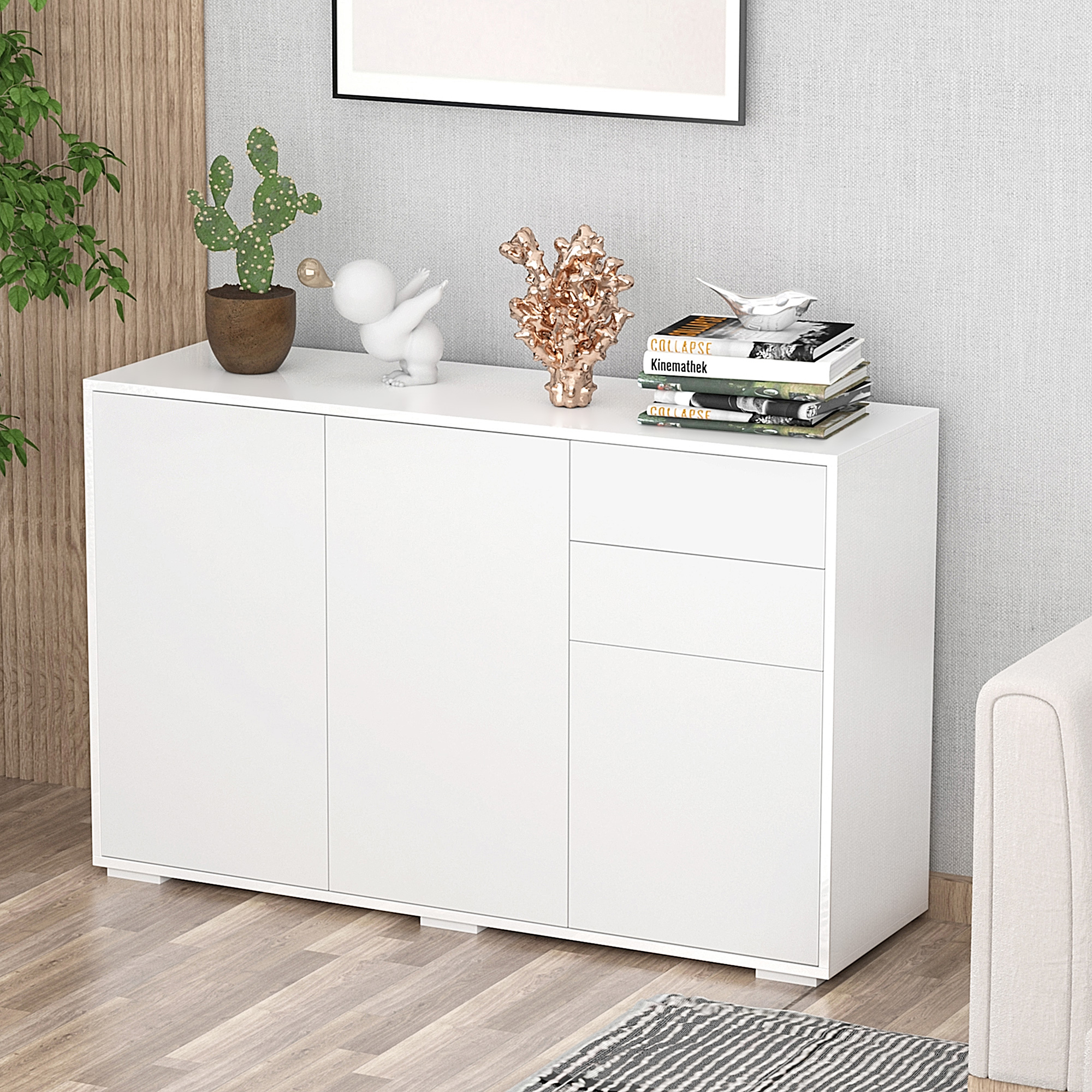Homcom Credenza Sideboard Anrichte, 2 Cassetti, Push-Click, 117 cm x 36 cm x 74 cm, Bianco