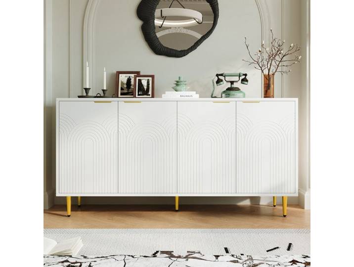 Buffet bas 4 portes IVMEU 160 cm blanc étagères réglables soft-close panneaux de particules et MDF