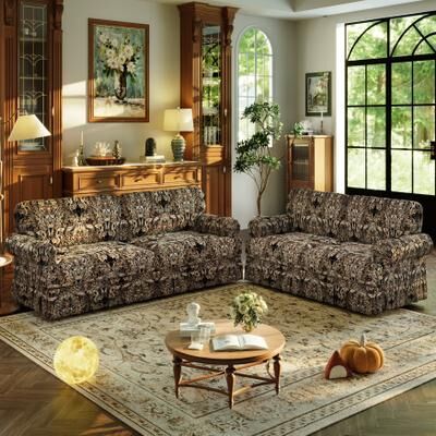 GDFStudio - Chenille Deep Seat 3&4-Seater Sofa Set with Skirt Design (Set of 2)