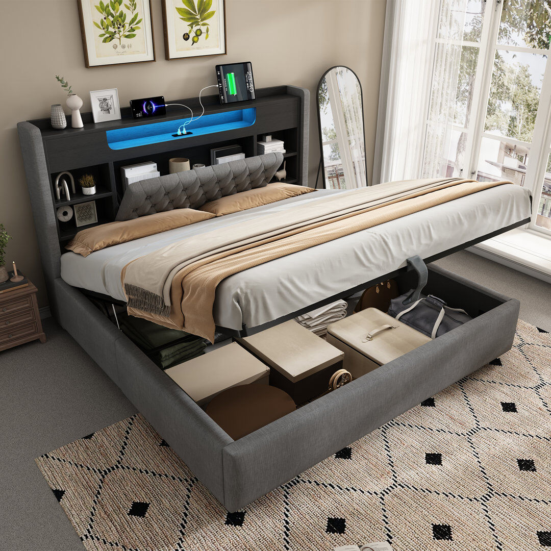 Brayden Studio Upholstered Linen Ottoman Bed Grey Kingsize (5')