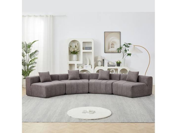 ULEVR Canapé modulable courbé en chenille gris avec 2 coussins sans montage