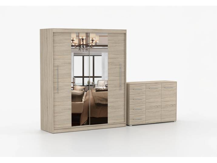 Schwebetürenschrank und Kommode 2er-Set TORINO I/FRIDA 01 Sonoma Eiche Sonoma Eiche + Spiegel