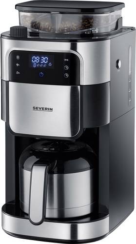 Severin Filterkaffeemaschine mit Mahlwerk und Edelstahl-Thermokanne, Kaffeemaschine Schwarz, Edelstahl (gebürstet) Fassungsvermögen Tassen=8 Displa