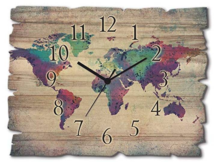 ARTLAND Wanddeko Wanduhr ohne Tickgeräusche aus Holz Funk Uhr lautlos 40x30 cm Rechteckig Weltkarte Landkarte Kunst Modern U1TJ