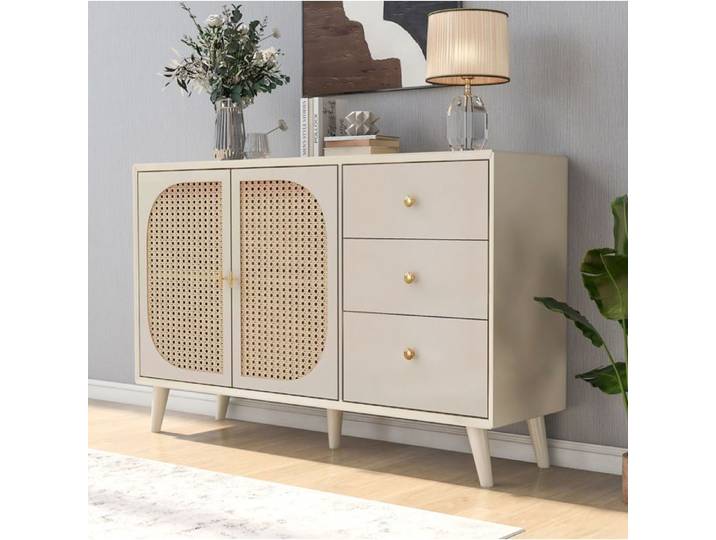 Buffet bas - 2 portes 3 tiroirs - Off White crème - rotin tressé - 120 cm - montage facile