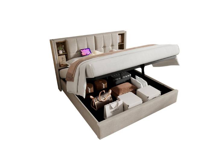 REDOM Polsterbett Hydraulisch Stauraumbett (mit Lattenrost, Ohne Matratze,160x200cm), mit Kabellosem Laden USB C, Lattenrost aus Holz-Natürlich Leinen