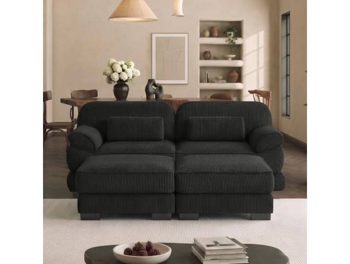 SoarTalent 194cm Modulares Sofa 2-Sitzer mit 2 Hockern, Cord Sofa,Schwarz Sitzhöhe 53 cm, 61 cm Sitztiefe, abriebfest, pflegeleicht, Holzgestell, sofa wohnzimmer ideal für kleine Räume und Wohnungen