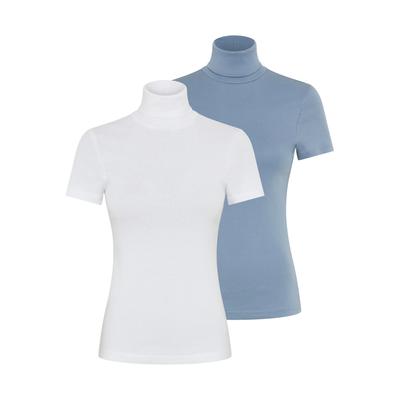 Rollkragenshirt FLASHLIGHTS, Damen, Gr. 48/50, blau (hellblau, weiß), Rippware, Obermaterial: 100% Baumwolle, unifarben, Basic, figurbetont, abgesteppt, Shirts, eng geschnitten, aus Baumwolle, Kurzarm