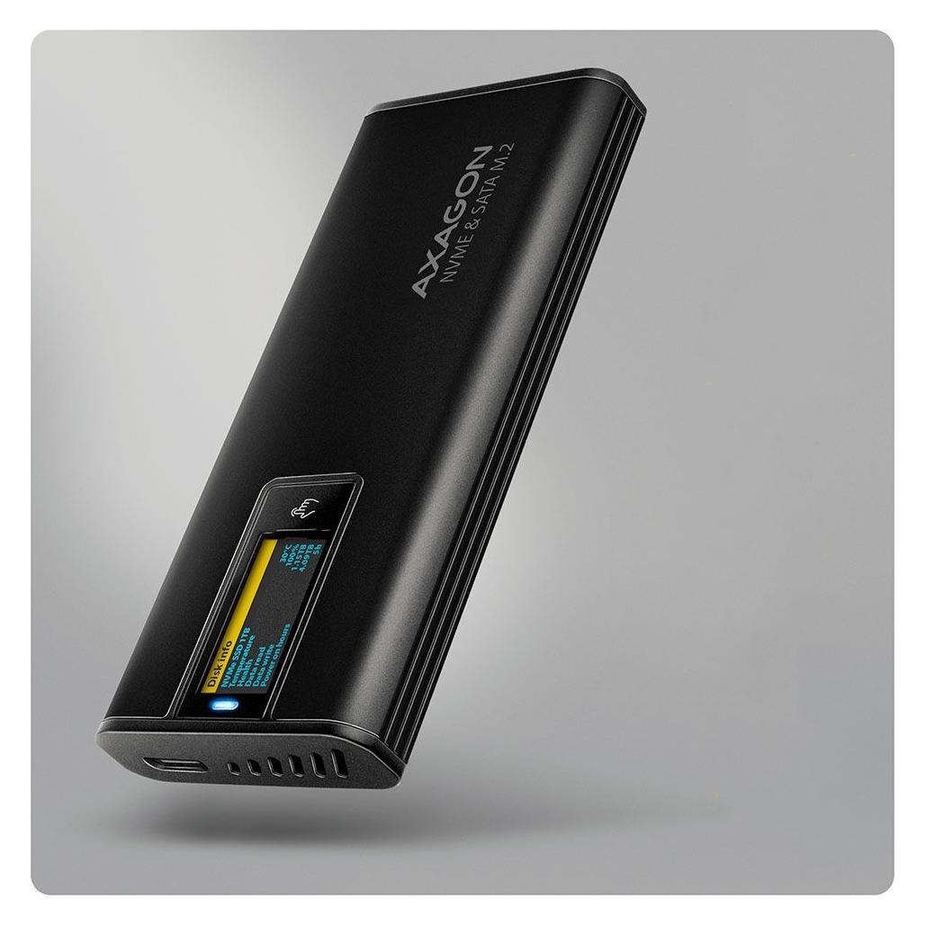 Axagon EEM2-SD2B, USB-C 10Gbps externí box s displejem pro M.2 NVMe/SATA SSD, bezšroubkový, černý (M.2) (EEM2-SD2B)