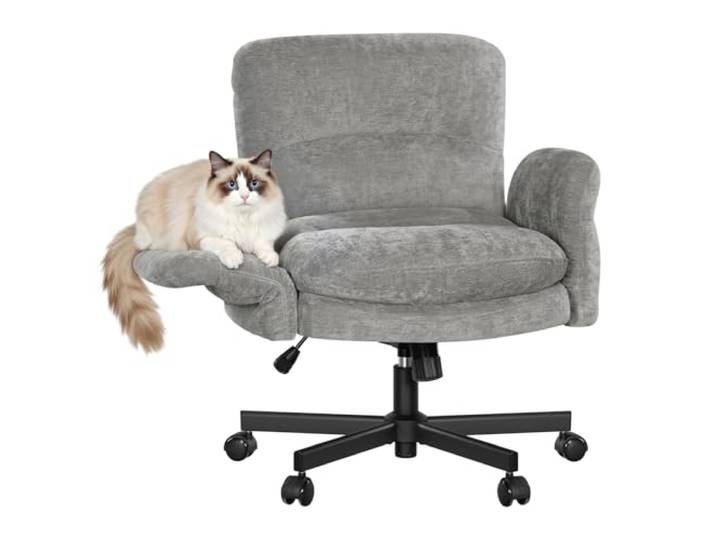 WOLTU Schreibtischstuhl, Schneidersitz Stuhl, Chenille-Drehstuhl, Grau 5-stufig Klappbare Armlehnen, Homeoffice Stuhl mit Sitzkissen & Seitentaschen, für Wohnzimmer Arbeitszimmer