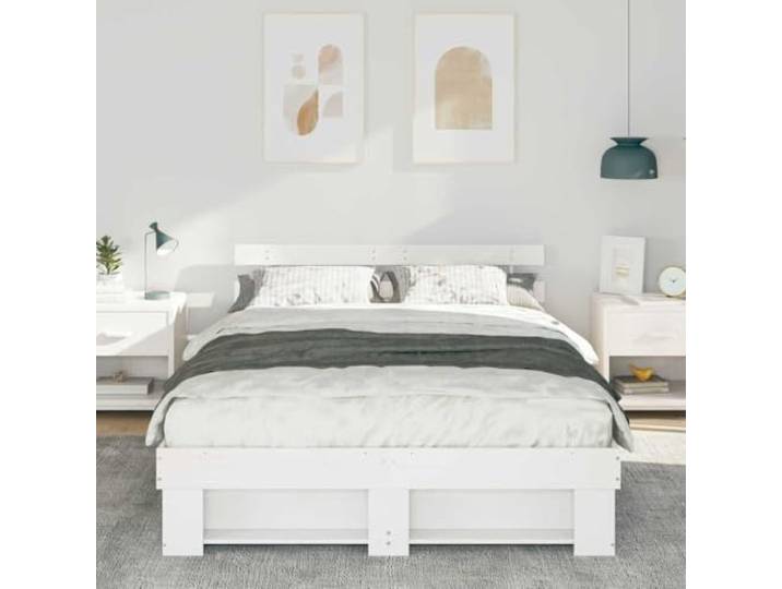 KTHLBRH Doppelbett Kiefer massiv weiß 160 x 200 cm Lattenrost, Kopfteil inklusive, einfache Montage, Tragkraft 200 kg