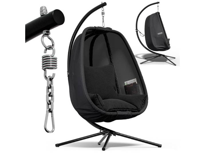 CASARIA® Fauteuil suspendu anthracite avec coussin structure robuste max. 150 kg panier suspendu intérieur et extérieur poches latérales fauteuil œuf