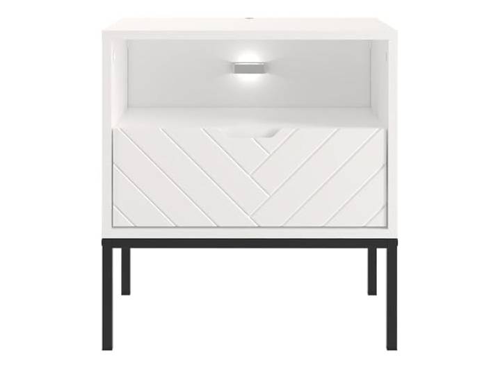 Lomadox Nachttisch Nachtschrank Nachtschränkchen mit LED Beleuchtung ca. 53 cm breit modern in weiß matt mit Fischgrät Dekor
