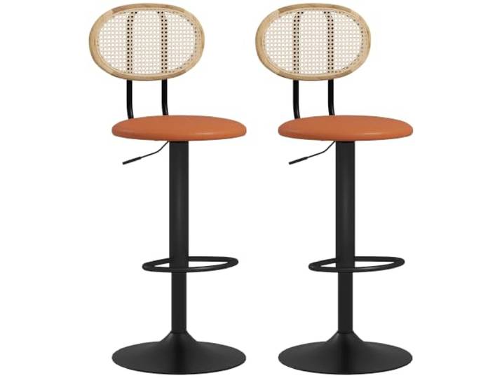 HOMCOM 2er Barhocker, höhenverstellbar, Rattan-Rückenlehne, Braun Moderner hoher Barhocker, Fußstütze, Holzrahmen, Kunstlederbezug