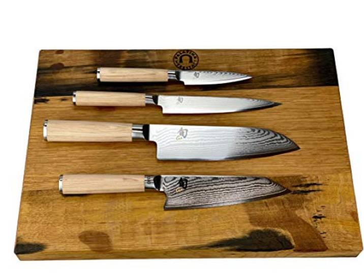 Palatina Werkstatt ® exklusives KAI Shun Classic White Messer-Set 4 ultrascharfe Profimesser aus Damaststahl + großes Fassholzbrett, 40x30 cm VK: 716,- €