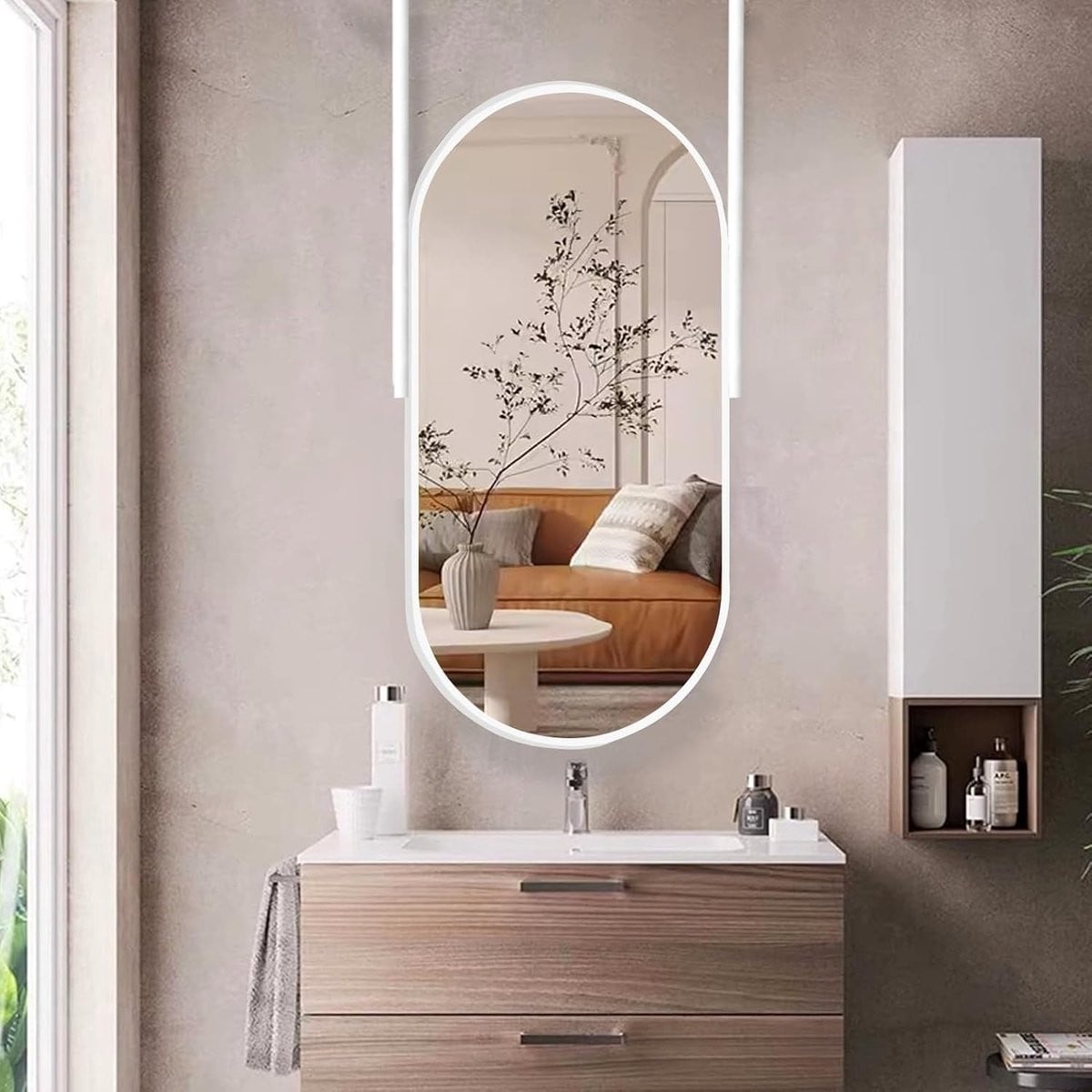 Ovale Hangspiegel met Verstelbare Dubbele Arm in Wit - B/D/H: 40 x 60 cm