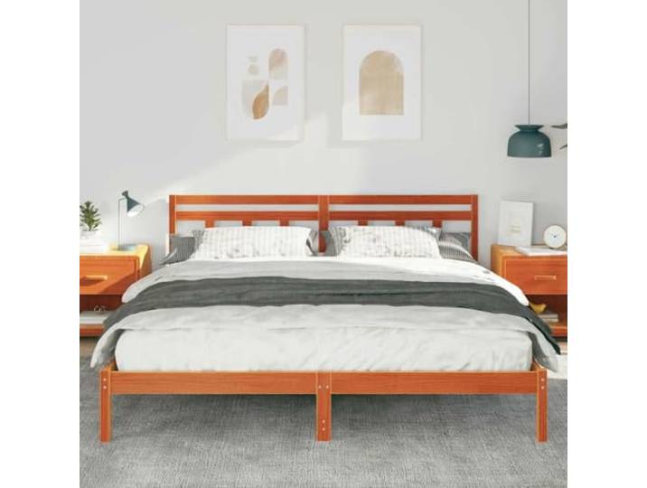 KTHLBRH Bett Kiefer massiv braun 200 x 200 cm Kopfteil inklusive, robuste Beine, minimalistisches Design, Doppelzimmer