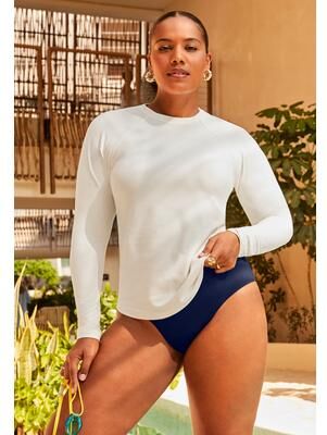 Plus Size Women's Chlorine Resistant Quick-Dry Long Sleeve Swim Rash Guard by Swimsuits For All in White (Size 6)