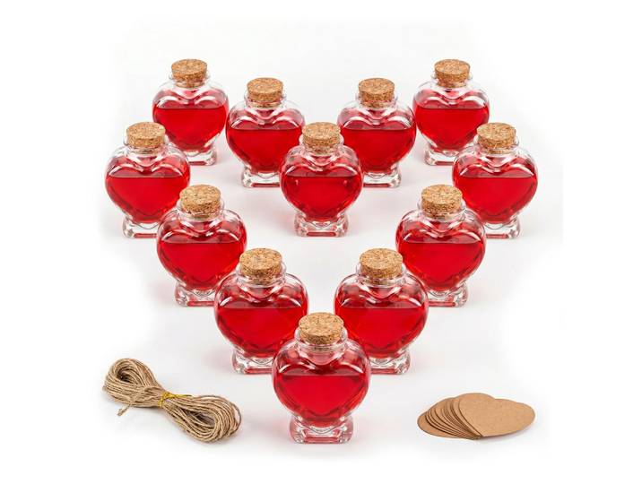 Relaxdays Glasflasche Transparent Natur 12er-Set Herzform Korken 90 ml, Glas, Naturmaterialien, Wellpappe, 6x7.5x4 cm, Geschirr, Tischkultur & Serviergeschirr, Essigspender & Ölspender