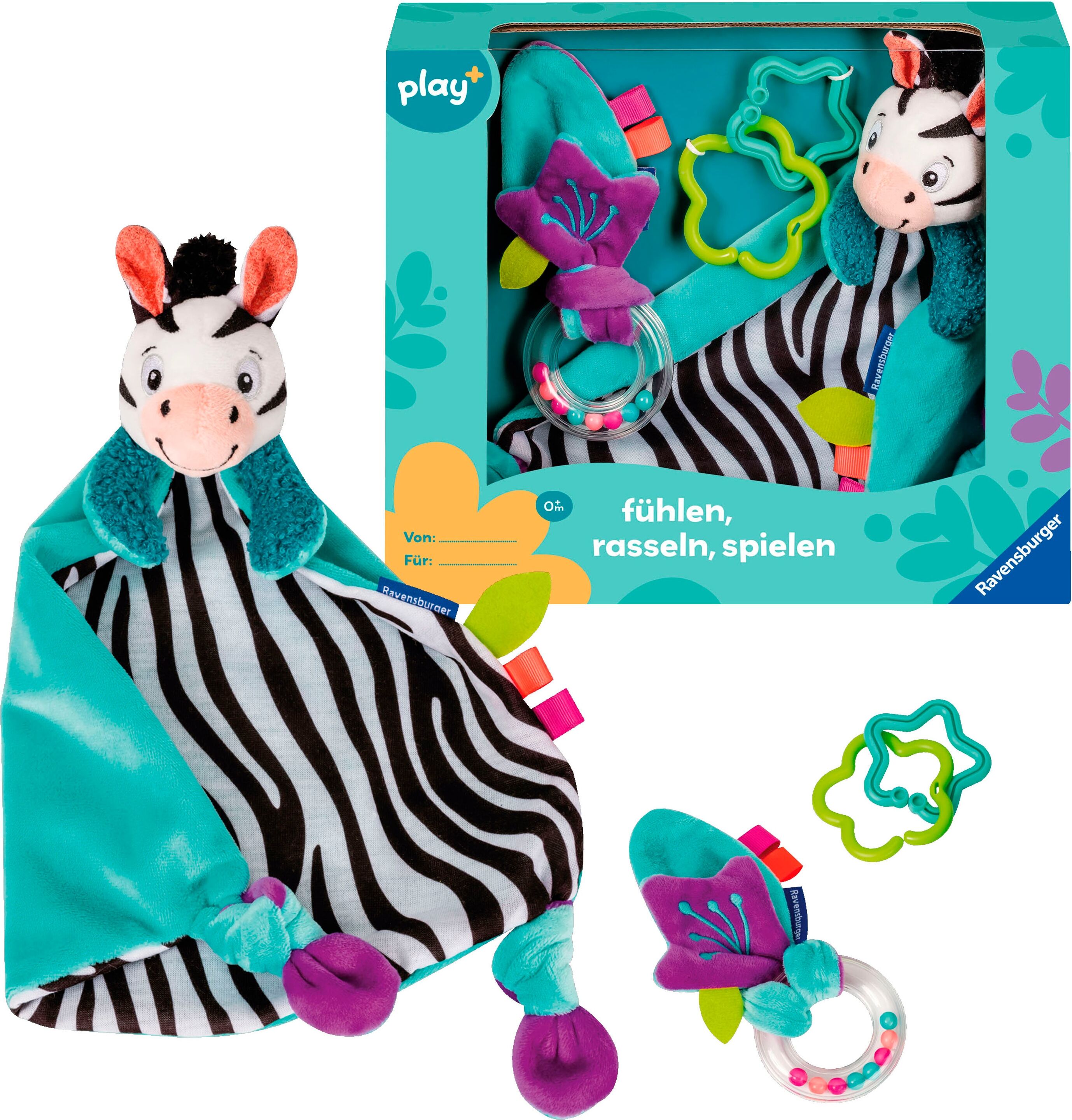 Greifspielzeug RAVENSBURGER "Play+ Fühlen, rasseln, spielen (Geschenk-Set: Zebra)", bunt, Greifspielzeug, KinderB:5,5cm H:28cm, Kunststoff, Plüsch, Stoff, Greifspielzeug, B:5,5cm H:28cm
