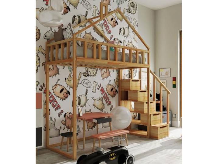 Stolarnia Fojtuch Hochbett mit Treppe Nikola - Seitlicher Eingang - Höhe 150 cm - Kiefer (180X90)