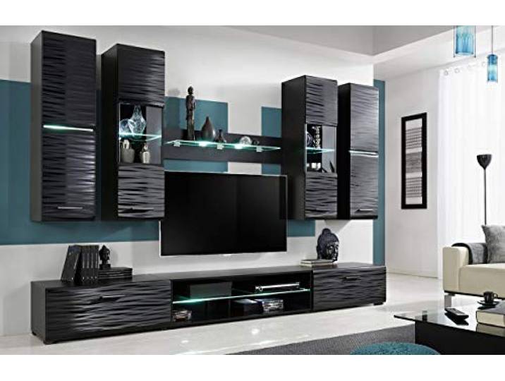 BIM Furniture Wohwand Blade 4 280 cm Anbauwand Wohnzimmer- Set Vitrine Lowboard schwarz Hochglanz LED