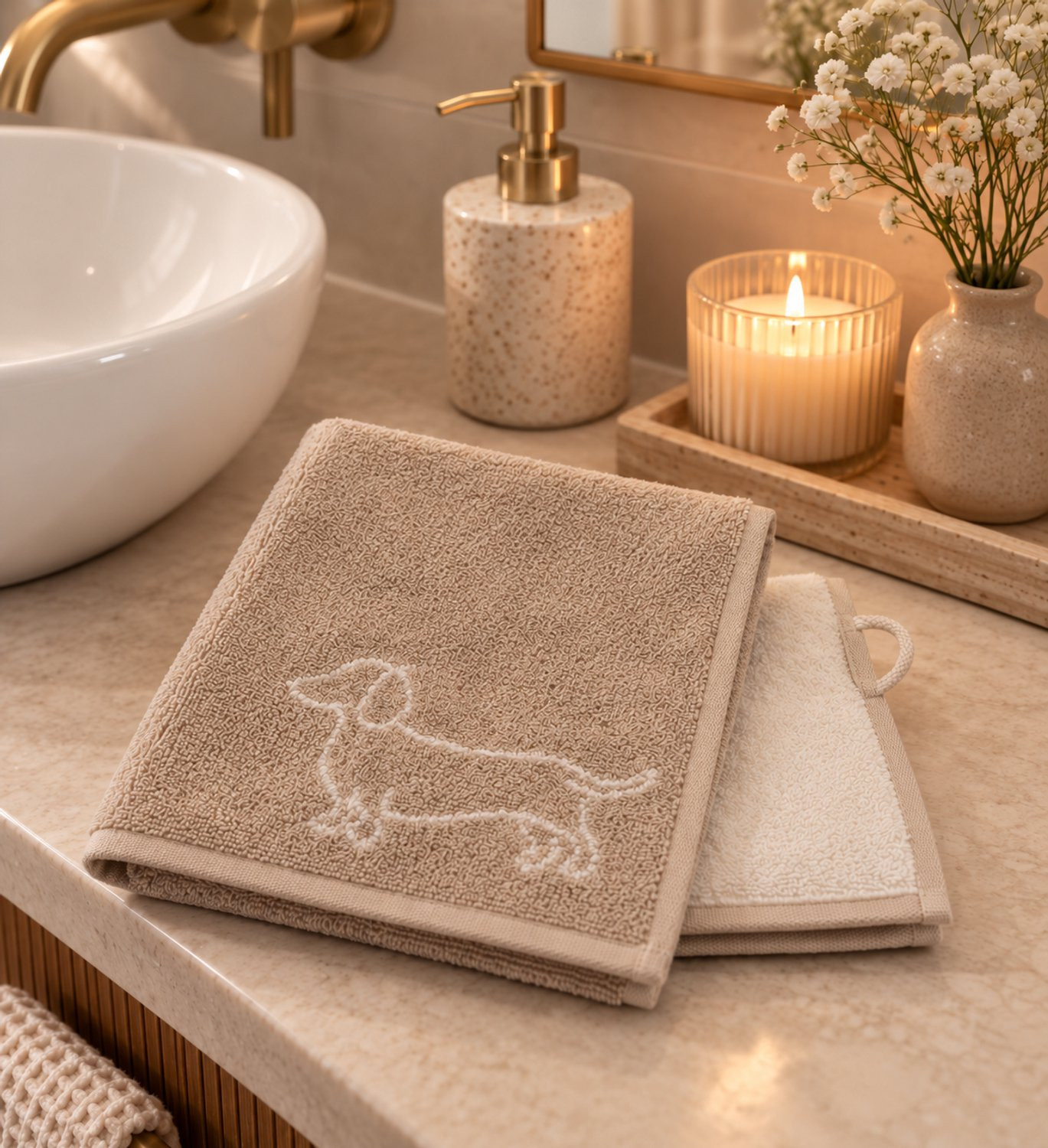 Set van 2 Teckel gastenhanddoeken met dubbelzijdige print, beige taupe, 50 x 30 cm