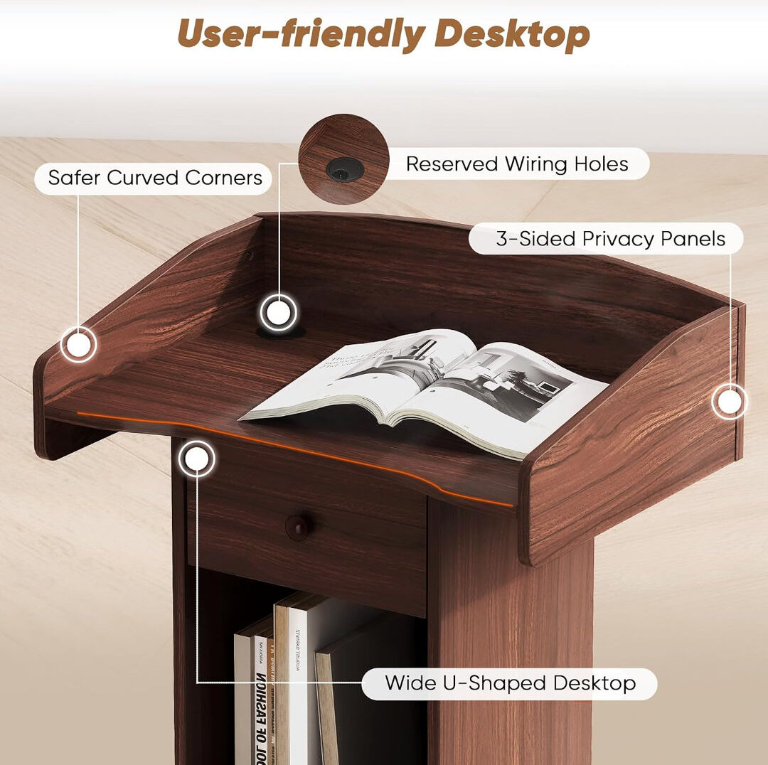 gapino Portable Wood Lectern, 24"W x 44"H, Mobile Standing Podium with Adjustable Shelf & Lockable Wheels, White 43.9cm H X 23.6cm W X 15.7cm D