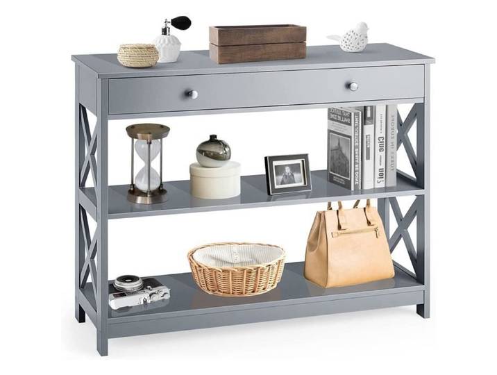 GOPLUS Table Console 3 Niveaux Design et Moderne Table d'appoint avec 2 Étagère et Tiroirs Gris