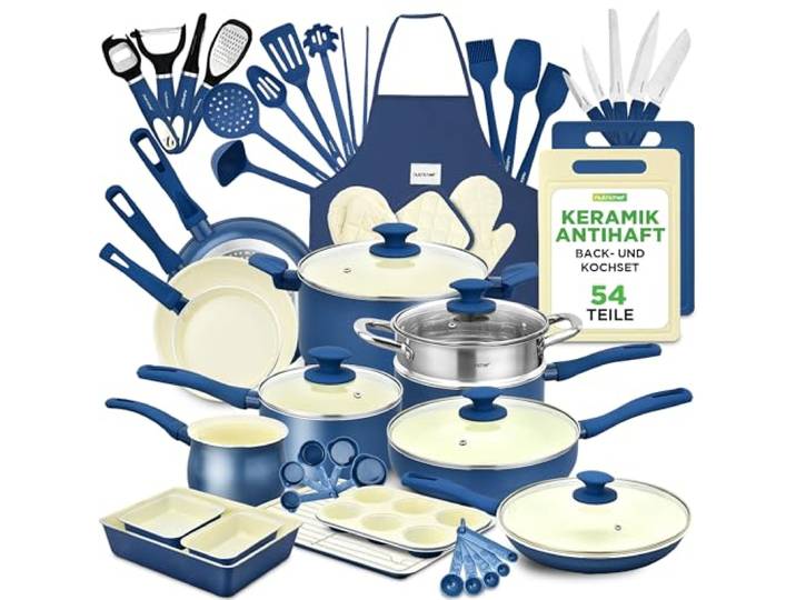 NutriChef Kochgeschirr Set 54-tlg – Pfannen, Töpfe, Küchenhelfer Blau– Mit Messer, Backformen, Zubehör – Für Induktion, Gas und Elektro – Gesund und fettarm kochen