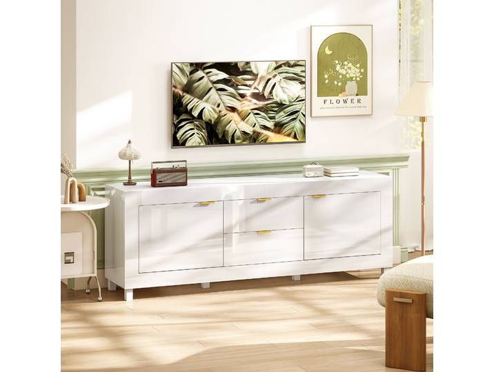 HOMCOM Meuble TV Moderne 2 Armoires 2 Tiroirs Blanc Laqué