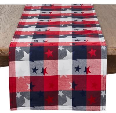 Saro Lifestyle Patriotic Stars & Checkered Table Runner - Americana Table Linen for Memorial Day, Fourth of July & Holiday Entertaining