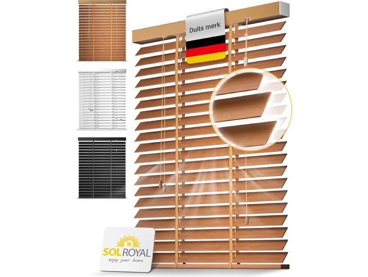 Sol Royal BE5 â€“ Houten Jaloezieen Eikenhout 50 mm Lamellen Extra Breed â€“ 120x180 cm â€“ Eenvoudige Montage aan Muur & Plafond â€“ Echt Hout â€“ Rolgordijn Raam & Deur