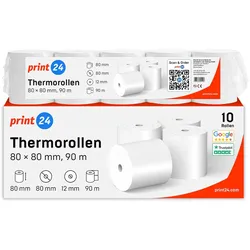 print24 Thermorollen / Kassenrollen, 10 Rollen, 80mm x 80mm x 12mm, 90m, PEFC zertifiziert, Für EPSON, IBM, u.v.m.
