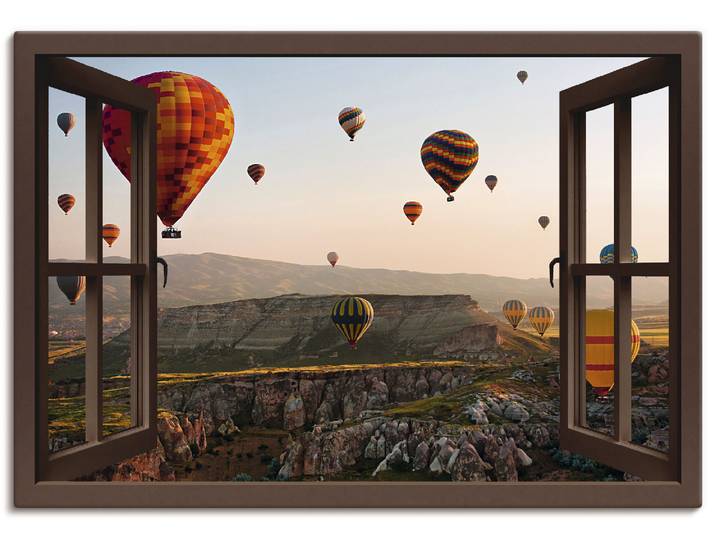 Leinwandbild ARTLAND Fensterblick Kappadokien Ballonfahrt , braun (farbe bild(er): braun), B:70cm H:50cm, Bilder, Leinwandbild, auf Holzrahmen gespannt