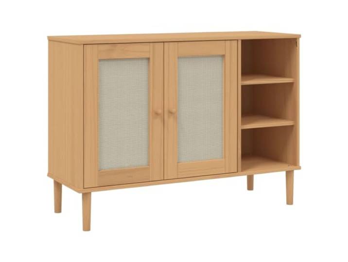 HGFDVCMR Sideboard Anrichte Massivholz Rattan-Optik 112x40x80cm Braun Stilvoller Beistellschrank mit 5 Fächern und Wiener Geflecht Fronten für Wohnzimmer, Schlafzimmer oder Flur.