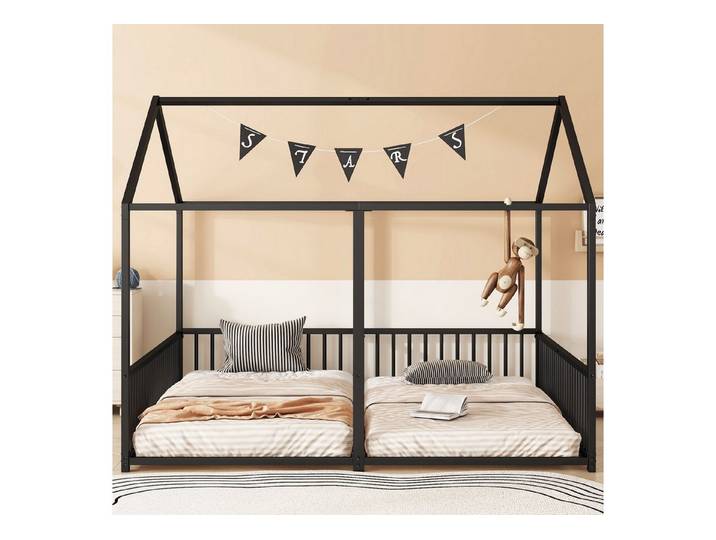 REDOM Kinderbett Metallbett,mit Hausmodellierung (Metall Kinderbett,Hausmodell Design mit Geländer, Ultra-stabiler Eisenrahmen, Sicherer Schlaf für 2 Kinder, Doppelbett, Ohne Matratze, Perfekt für Kinderzimmer, 90x200 cm), ohne Matratze